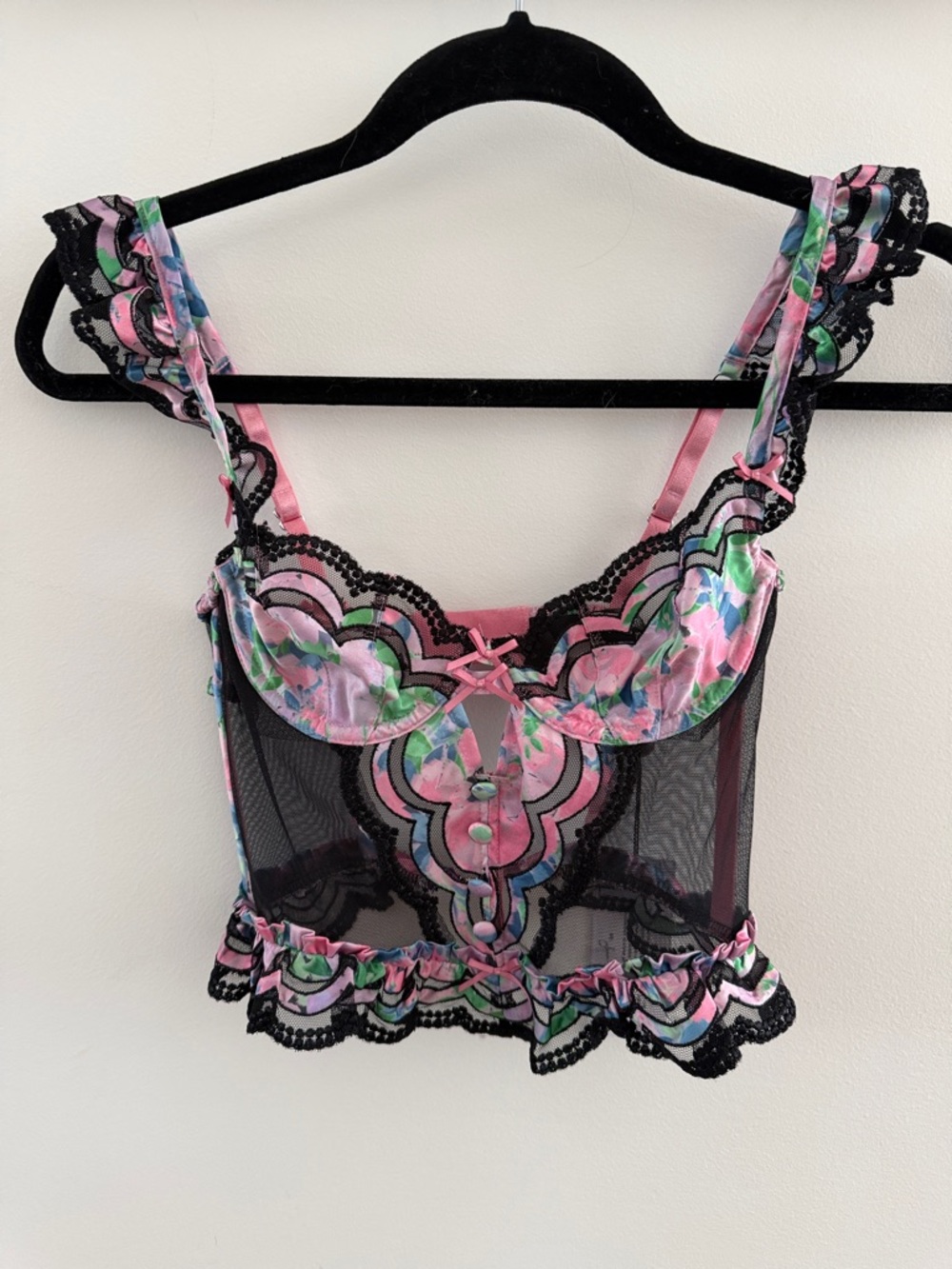 For Love And Lemons Pink Floral & Black Lace Sheer Bustier